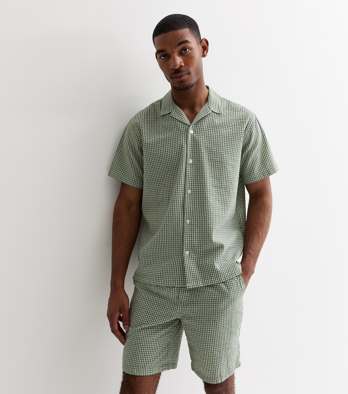 Men's Olive Gingham Seersucker Short Sleeve Shirt Jack & Jones New Look