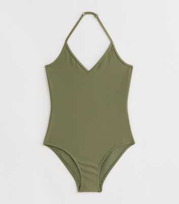 Girls Khaki Rib Trimmed Halter Neck Swimsuit 