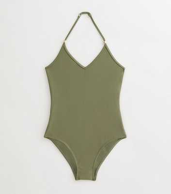 Girls Khaki Rib Trimmed Halter Neck Swimsuit