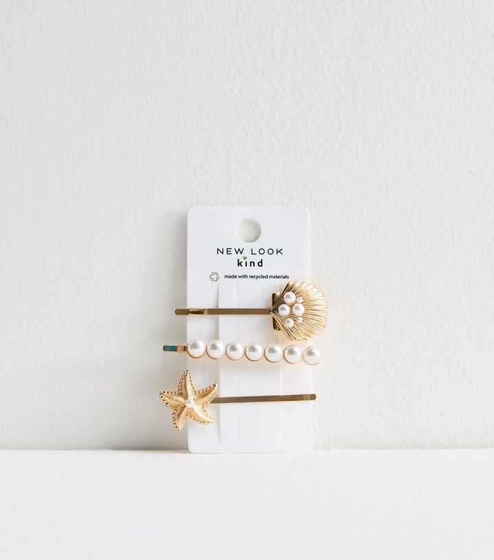 Gold Tone 3 Pack Starfish and Shell Hair Clips 
