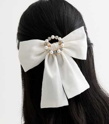White Satin Diamanté Bow Hair Slide