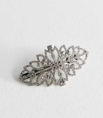 Silver Diamanté Leaf Hair Barette Clip  