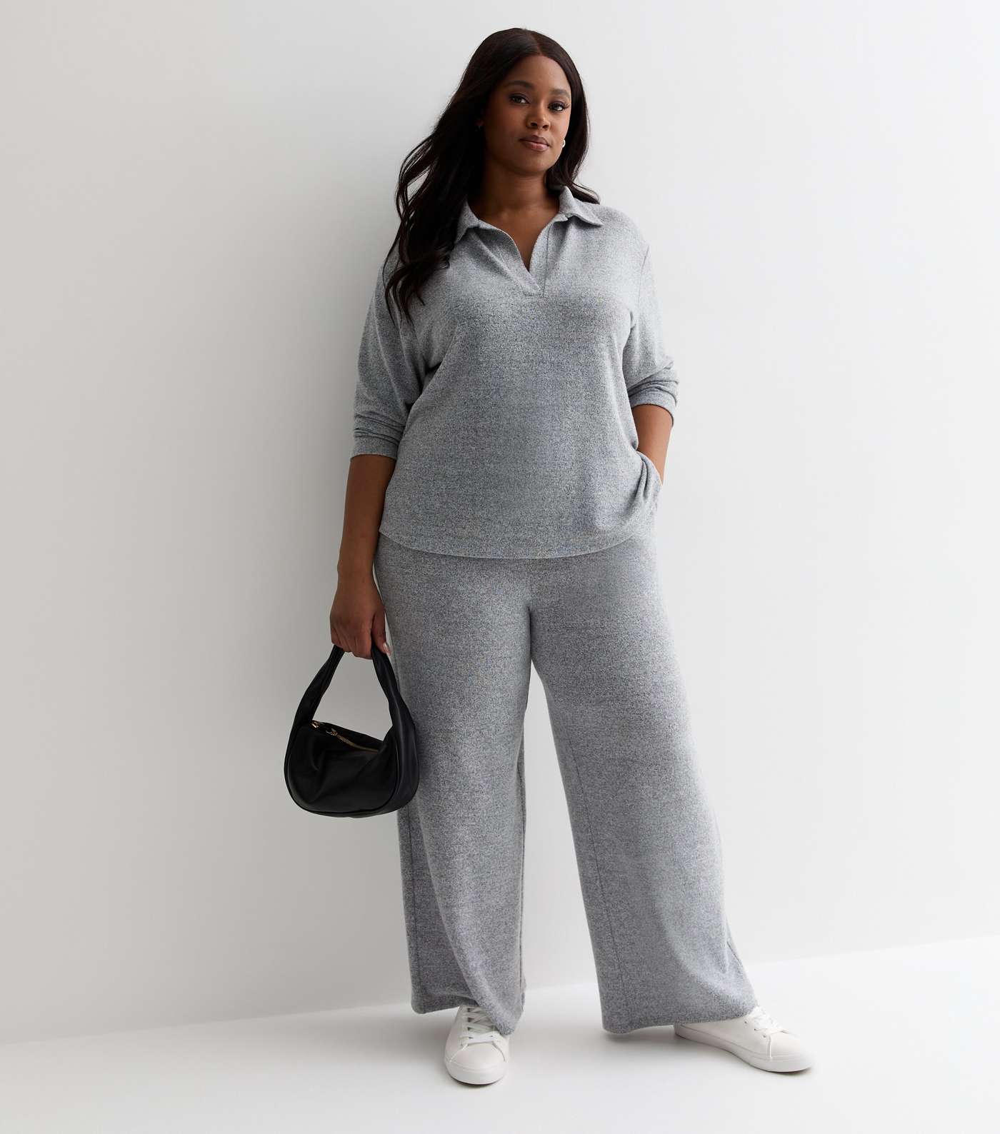 Curves Grey Brushed Knit Trousers Image 3