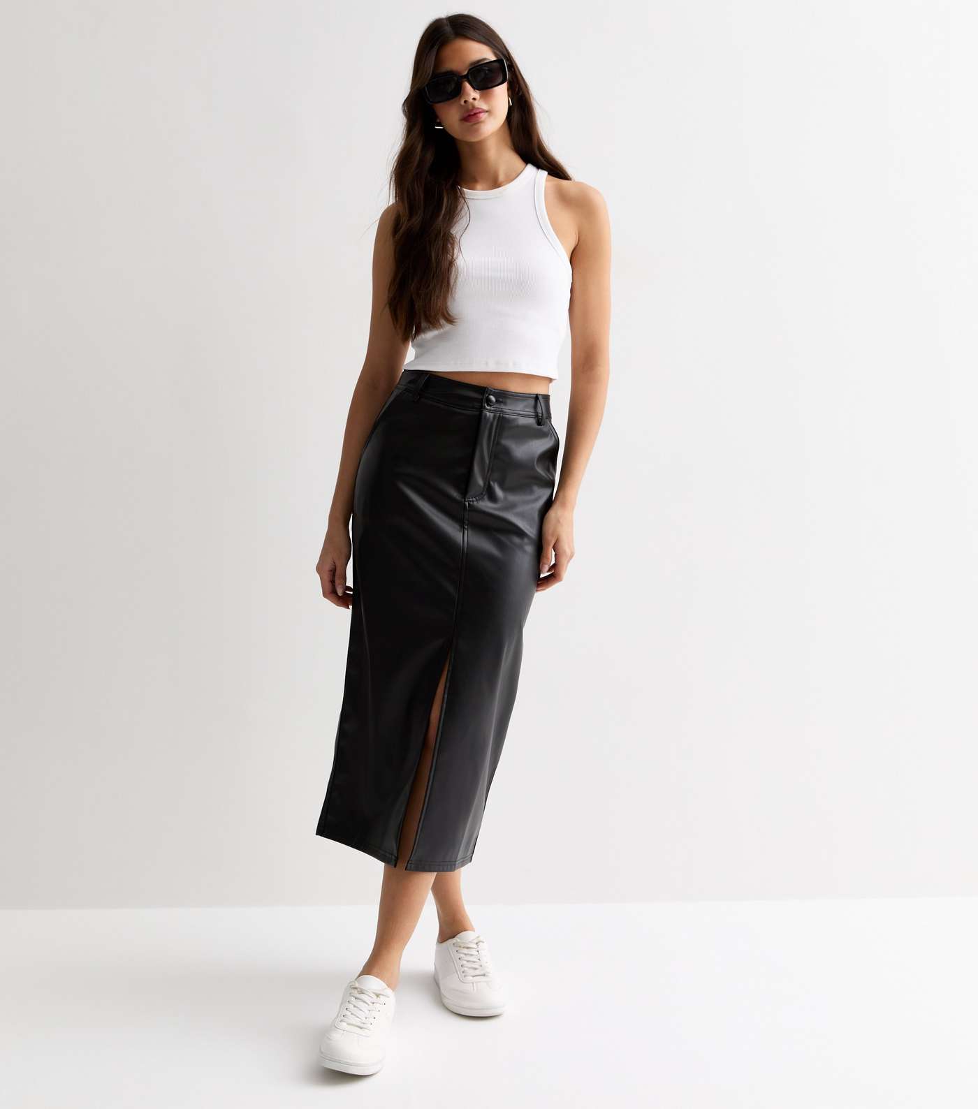 Gini London Black Leather-Look Split Hem Midi Skirt Image 2