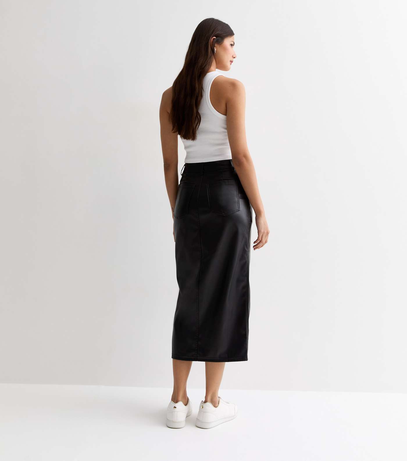 Gini London Black Leather-Look Split Hem Midi Skirt Image 4