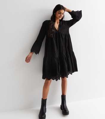 Gini London Black Broderie Tiered Smock Mini Dress