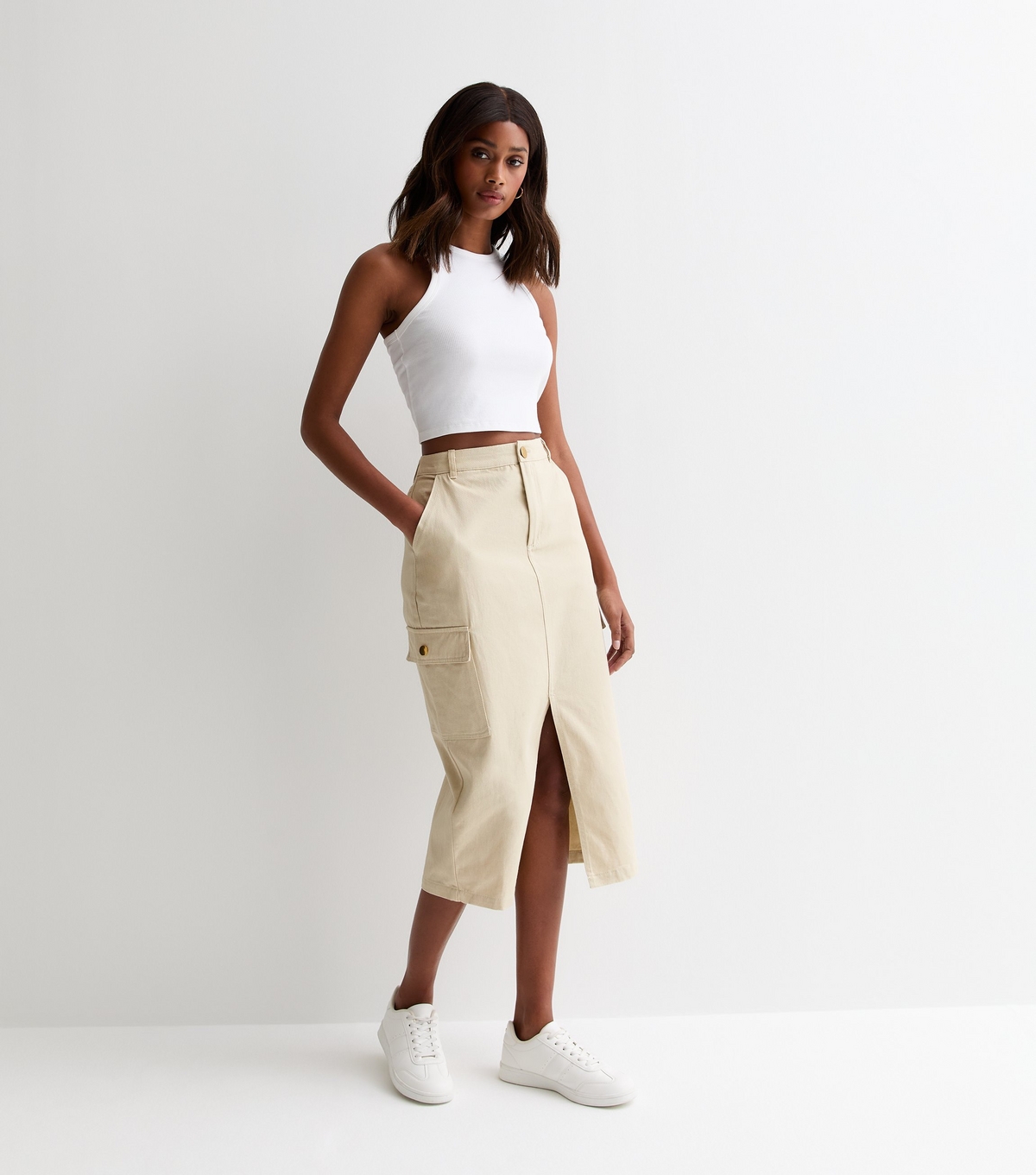Women's Stone Cargo Midi Skirt Gini London New Look