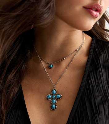 Blue Stone Cross Layered Pendant Necklace