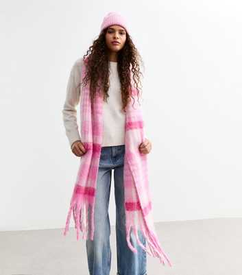 Pink Checked Brushed Fringed Scarf