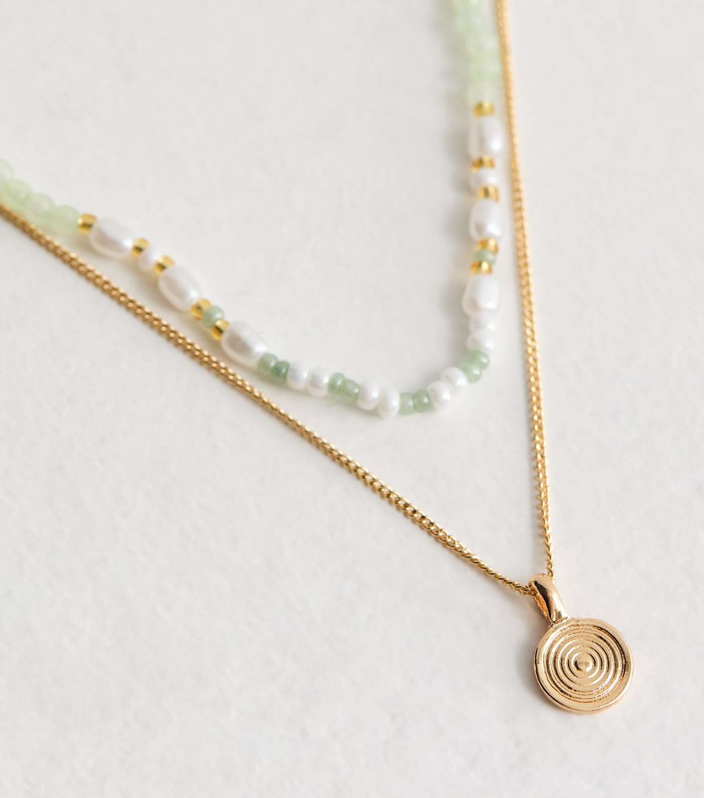 Gold and Green Layered Beaded Disc Necklace Image 3