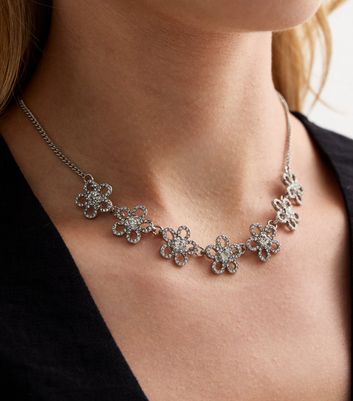 Crystal Diamante Flower Chain Necklace New Look