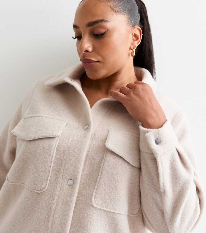 Curves Cream Felted Press Stud Shacket | New Look