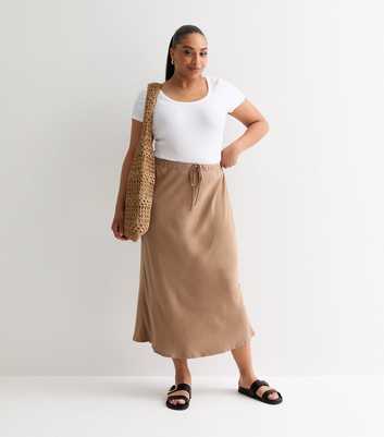 Curves Camel Drawstring Linen-Look Midi Skirt