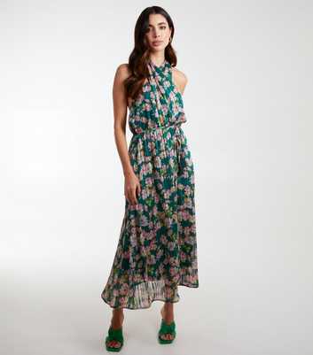 Blue Vanilla Dark Green Floral Halter Wrap Midi Dress