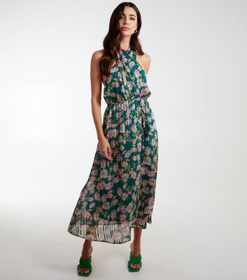 Blue Vanilla Dark Green Floral Halter Wrap Midi Dress New Look