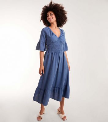 Blue Vanilla Blue Denim Look Shirred Waist Midi Dress New Look