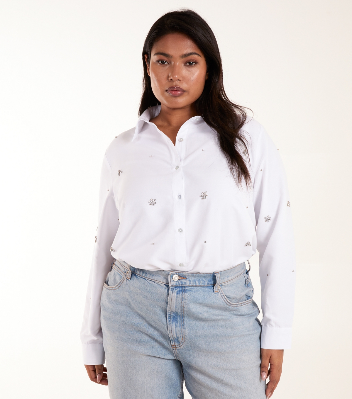 Women's Plus Size White Embellished Shirt Curves Blue Vanilla New Look