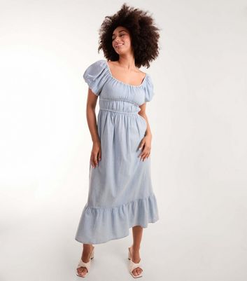 New look puff sleeve midi dress in blue spot online