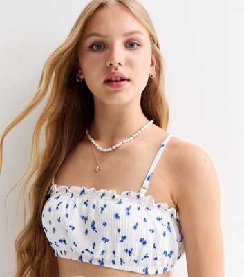 Girls White Ditsy-Floral Bandeau Beach Top 
