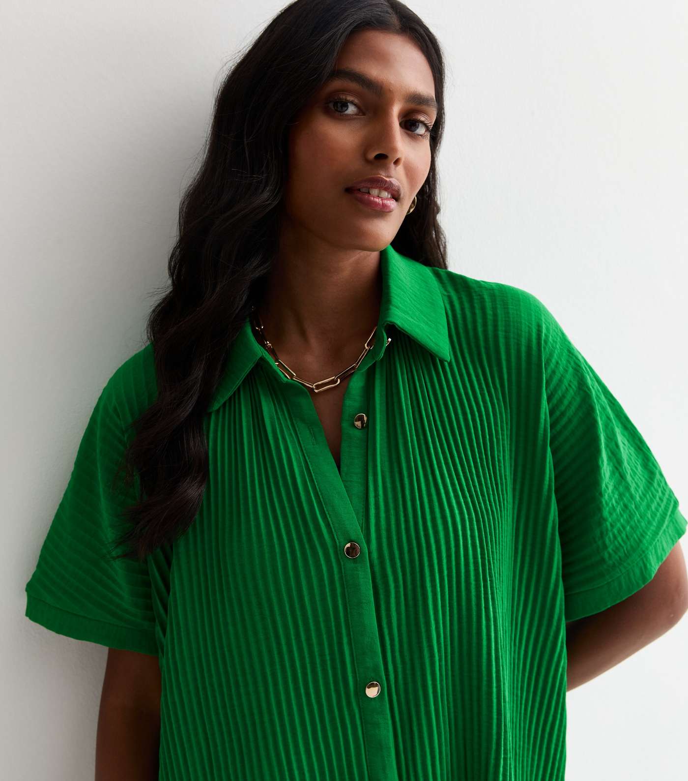 Gini London Green Plissé Short Sleeve Oversized Shirt Image 2