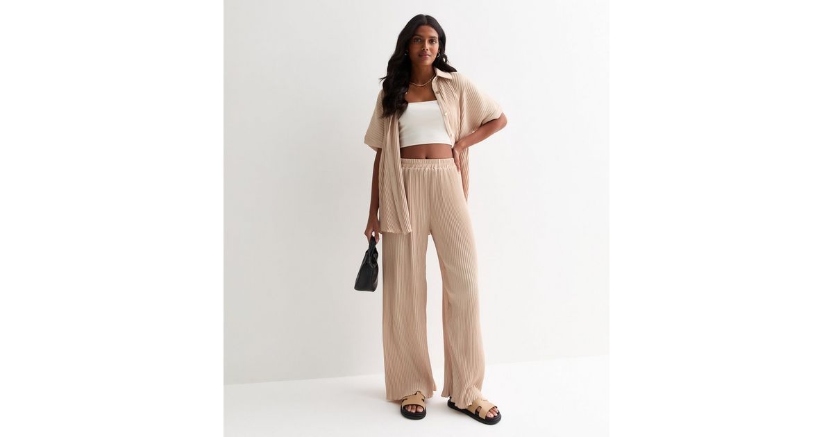 Gini London Cream Plissé Wide Leg Loungewear Trousers New Look