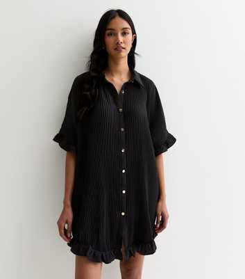 Gini London Black Plisse Frill Oversized Mini Shirt Dress
