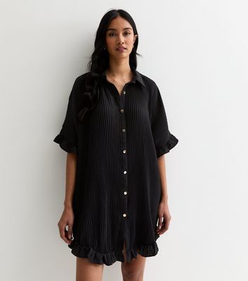 Gini London Black Plisse Frill Oversized Mini Shirt Dress | New Look