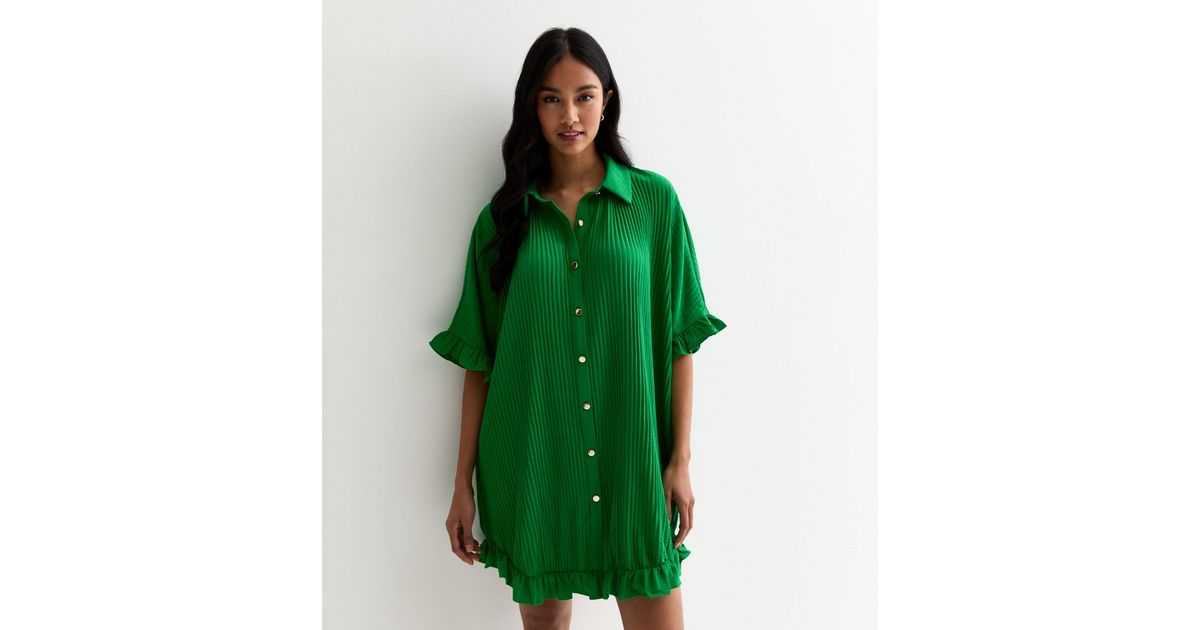 Gini London Green Plisse Frill Oversized Mini Shirt Dress | New Look