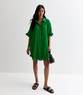 Gini London Green Plisse Frill Oversized Mini Shirt Dress New Look