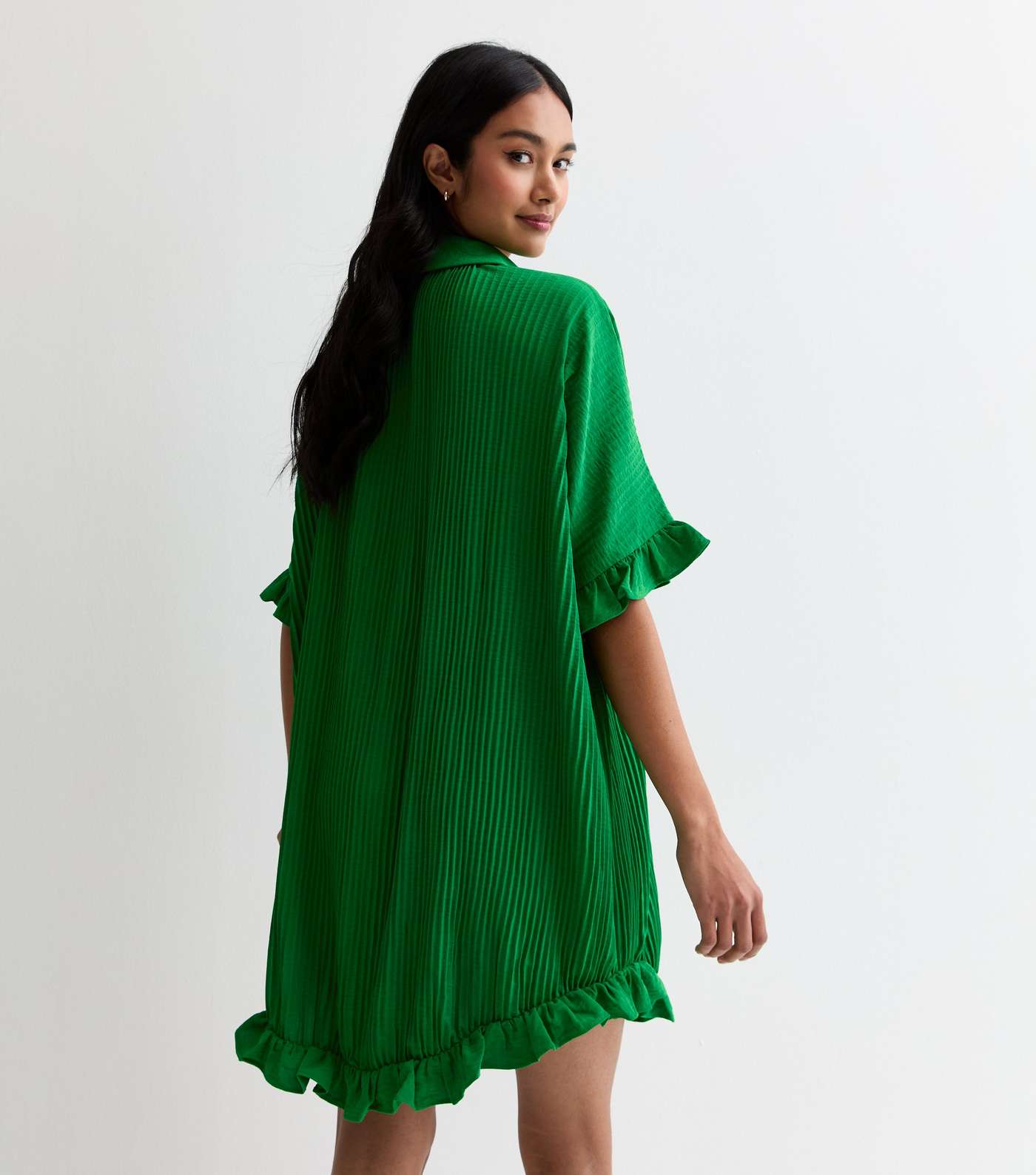 Gini London Green Plisse Frill Oversized Mini Shirt Dress Image 4