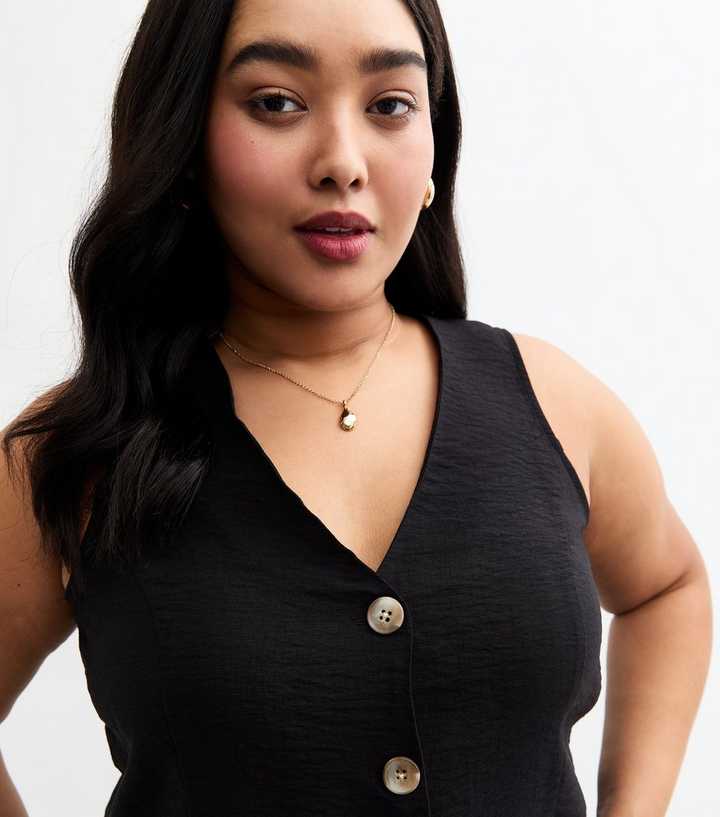 Curves Black Button Front Waistcoat