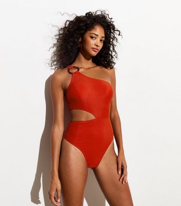 Red one shoulder bathing suit sale