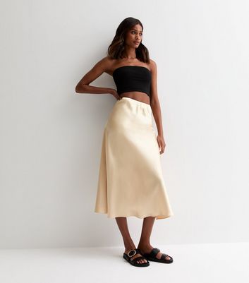 Gini London Beige Satin Midi Skirt New Look