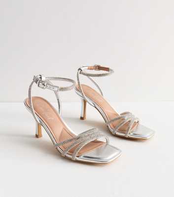 Silver Diamanté-Embellished Stiletto Sandals 