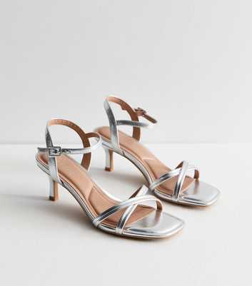 Silver Leather-Look Open Square Toe Kitten Heel Sandals