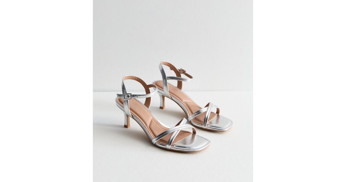 Silver Leather-Look Open Square Toe Kitten Heel Sandals | New Look