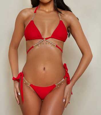 Moda Minx Red Diamanté Charm Tie Side Bikini Bottoms