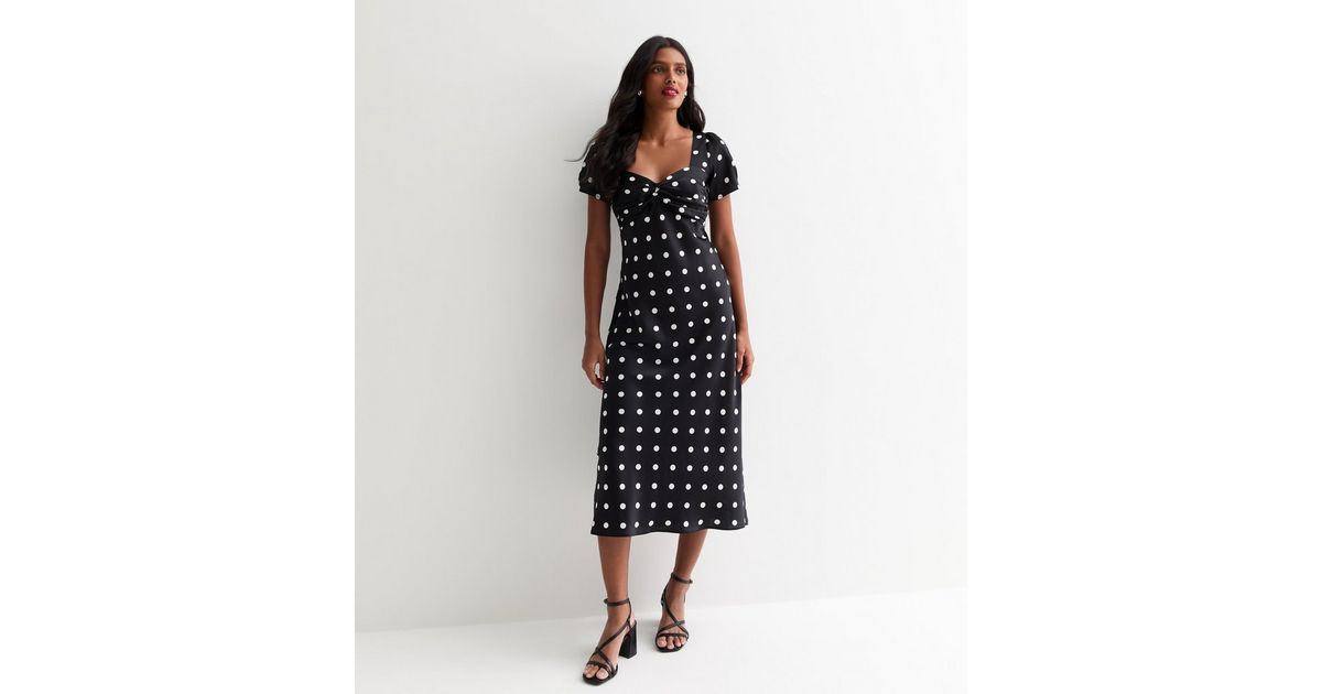 Black Satin Spot Print Midi Dress | New Look