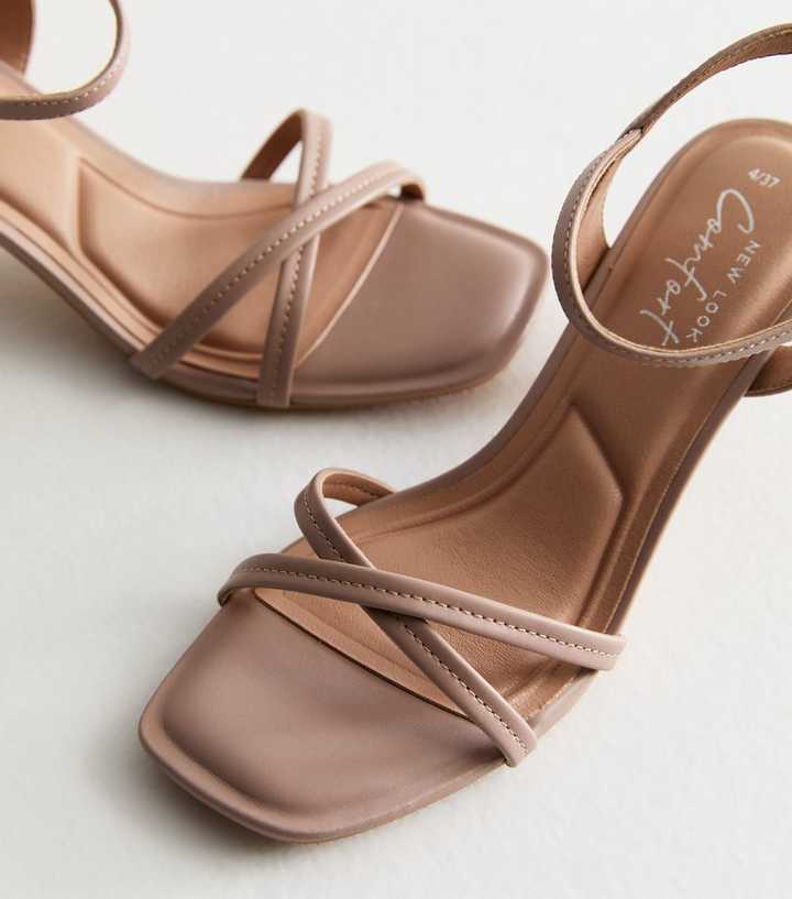 Brown Leather-Look Crossover-Strap Heeled Sandals