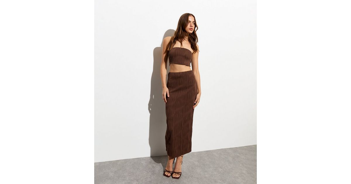 Dark Brown Ripple Midi Skirt | New Look