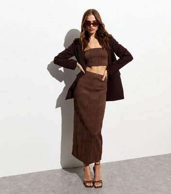 Dark Brown Ripple Midi Skirt New Look