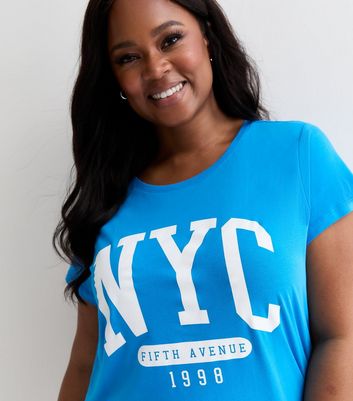 Curves Bright Blue Cotton NYC Logo T-Shirt New Look