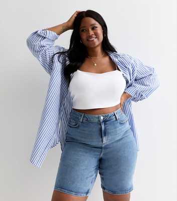 Curves Blue Stone Wash Cotton-Blend Jorts