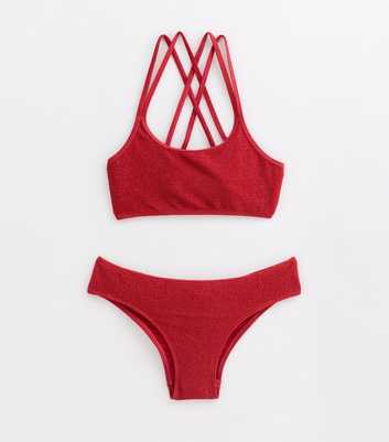 Girls Red Crossover-Strap Textured Bikini Set