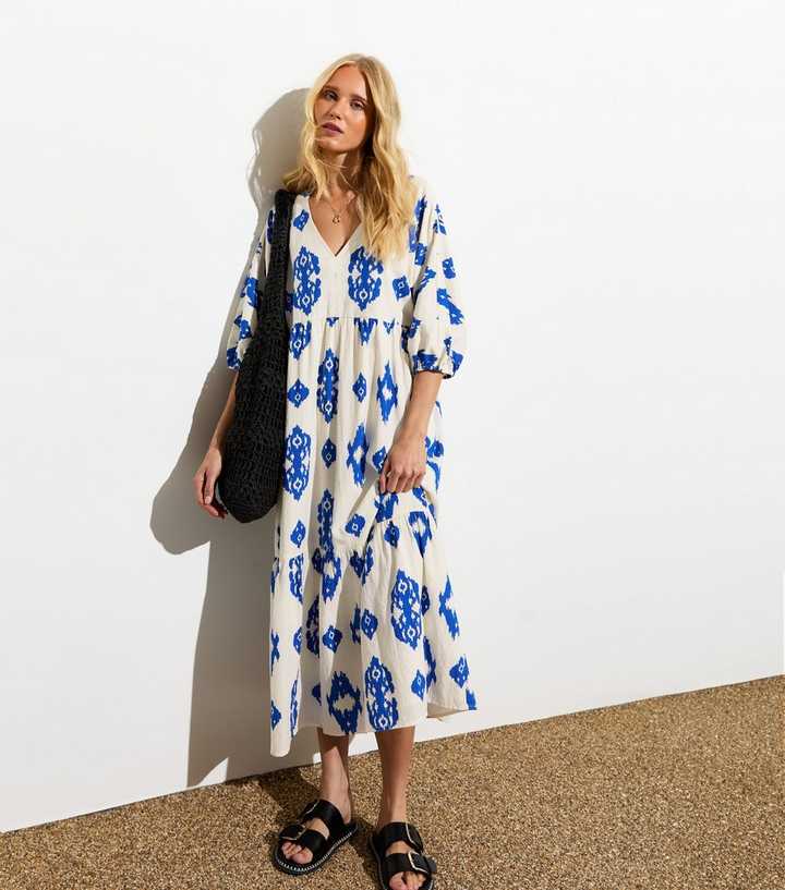 White Cotton Ikat V-Neck Smock Midi Dress | New Look