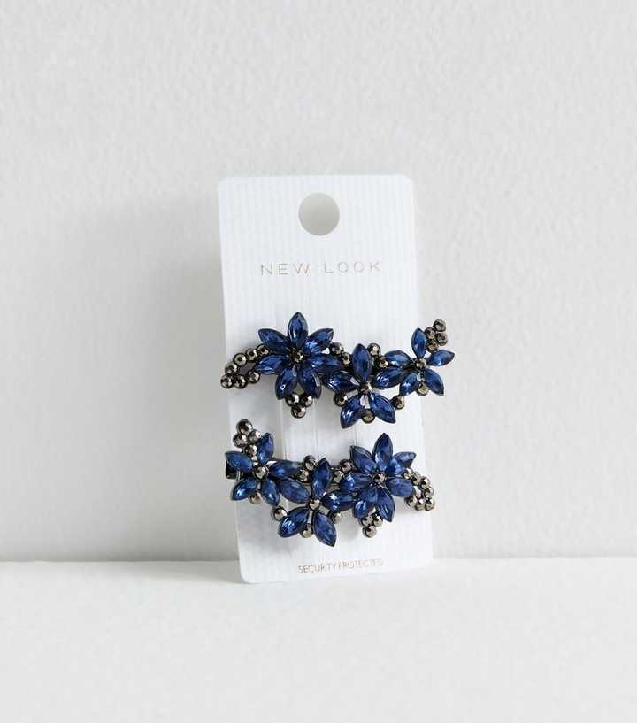 2 Pack Navy Diamanté Flower Hair Clips