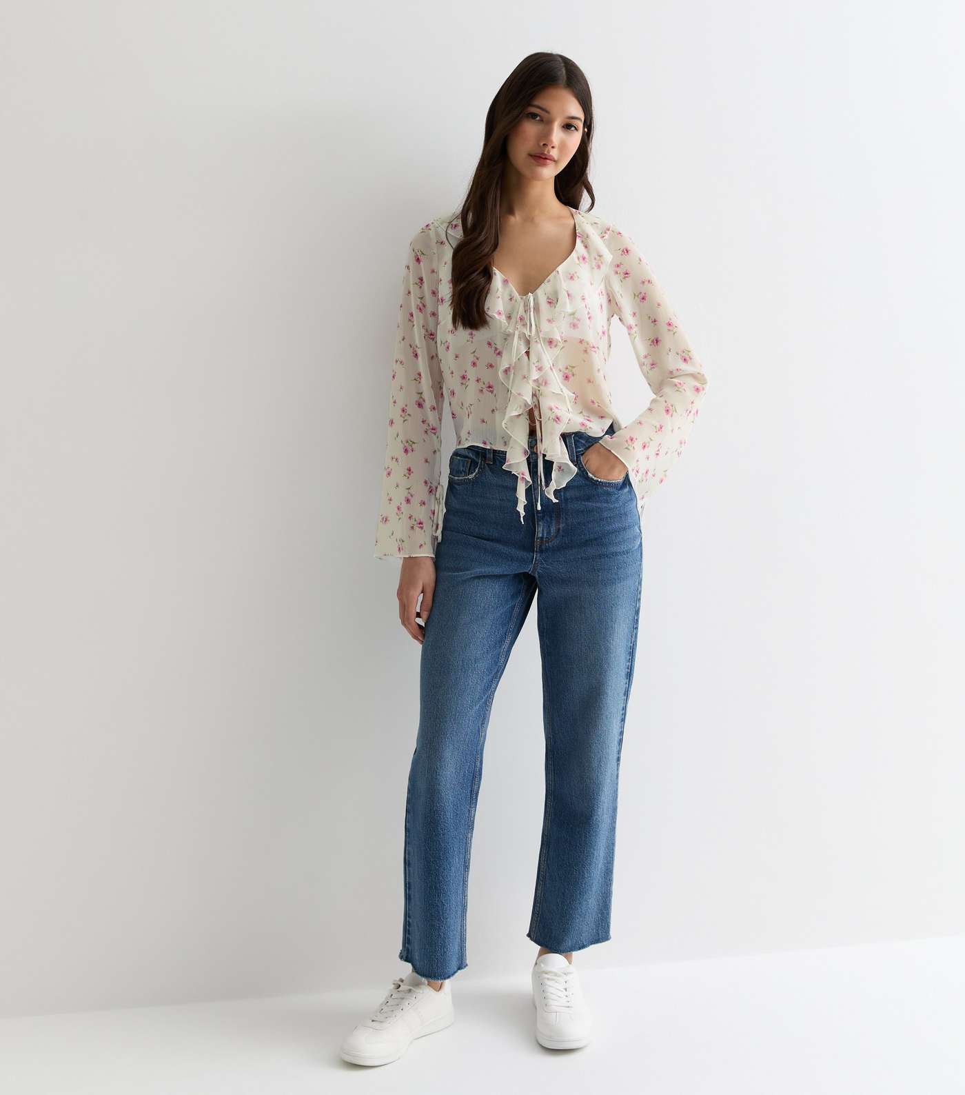 White Floral Sheer Ruffle Tie Front Blouse Image 2