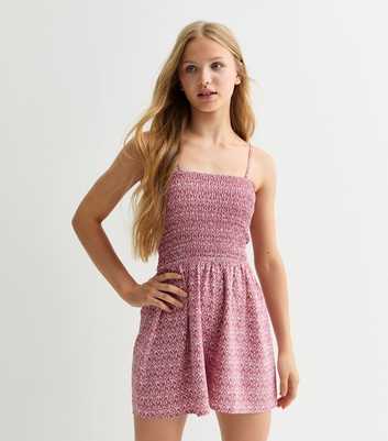 Girls Pink Abstract Print Shirred Playsuit