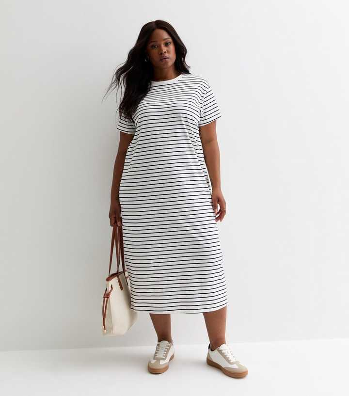 Curves Blue Stripe Print Cotton Jersey Midi T-Shirt Dress