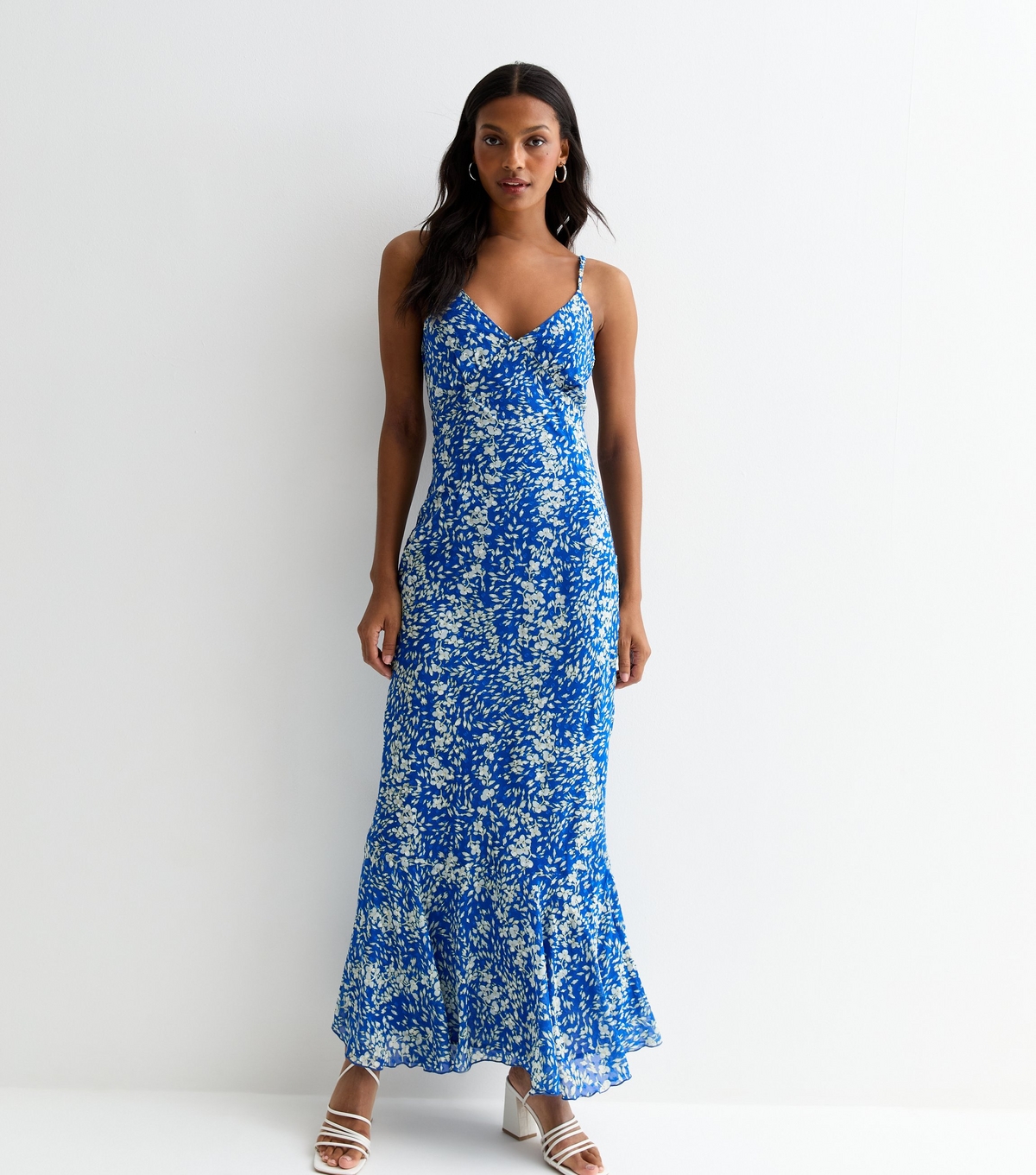 Women's Blue Floral Strappy Maxi Dress Gini London New Look